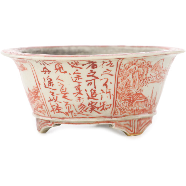 Vaso bonsai rotondo bianco e rosso di Echizen - 112 x 112 x 50 mm