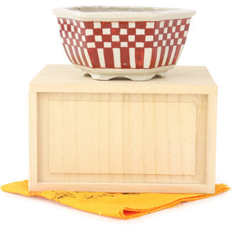  Echizen Hosui 110 mm hexagonal white and red bonsai pot by Echizen, Japan