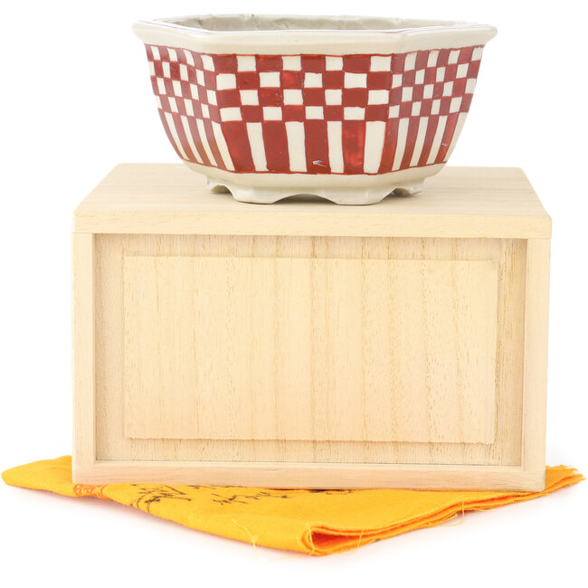 Zeshoekige witte en rode bonsaipot van Echizen - 110 x 110 x 52 mm