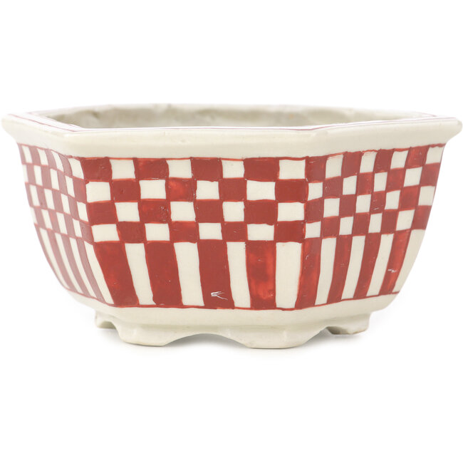 Vaso bonsai esagonale bianco e rosso di Echizen - 110 x 110 x 52 mm