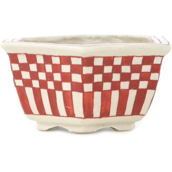 Hexagonal white and red bonsai pot by Echizen - 110 x 110 x 52 mm
