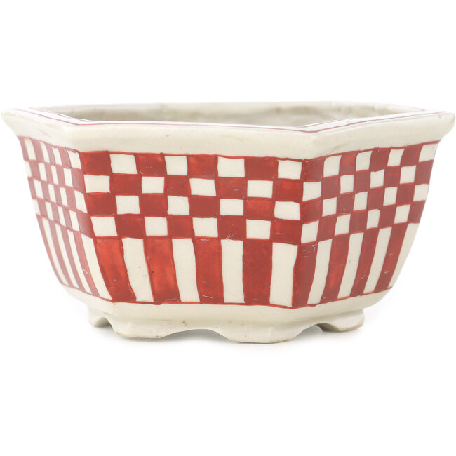 Hexagonal white and red bonsai pot by Echizen - 110 x 110 x 52 mm