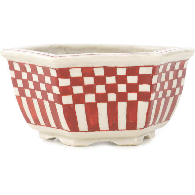 Pot à bonsaï hexagonal blanc et rouge par Echizen - 110 x 110 x 52 mm
