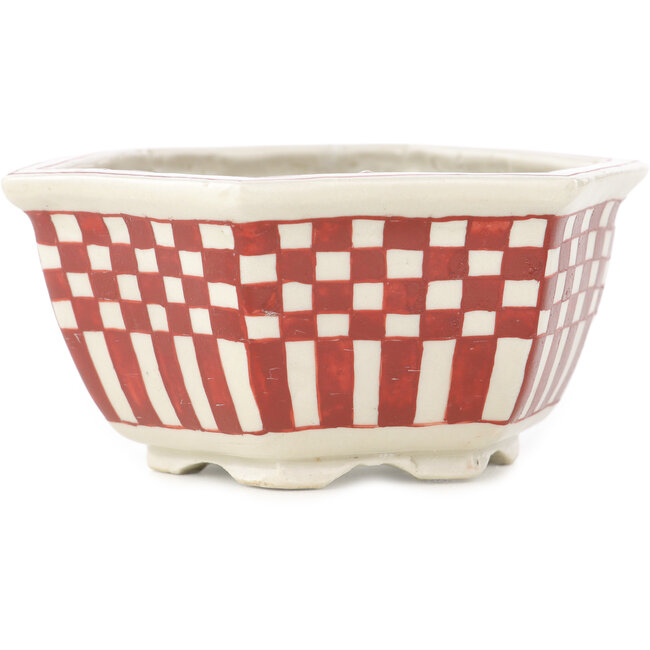 Vaso bonsai esagonale bianco e rosso di Echizen - 110 x 110 x 52 mm