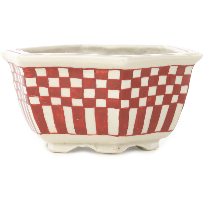 Pot à bonsaï hexagonal blanc et rouge par Echizen - 110 x 110 x 52 mm