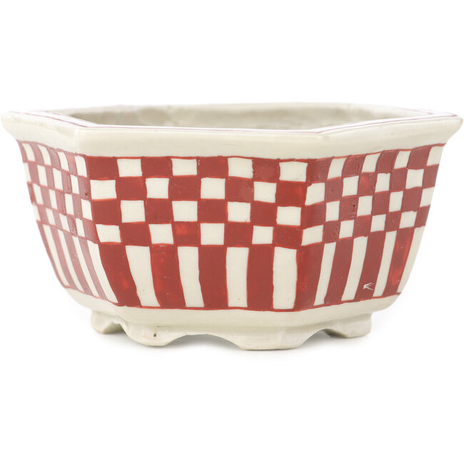 Pot à bonsaï hexagonal blanc et rouge par Echizen - 110 x 110 x 52 mm