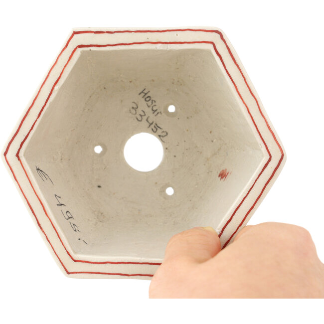 Hexagonal white and red bonsai pot by Echizen - 110 x 110 x 52 mm