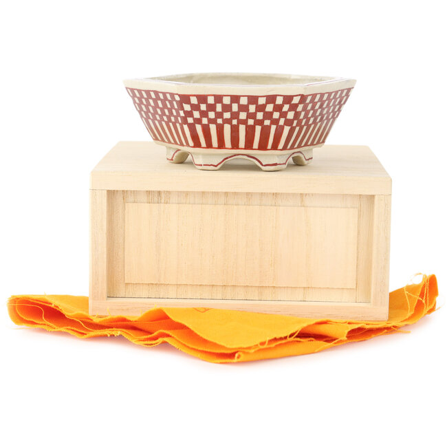 Sechseckiger weißer und roter Bonsai-Topf von Echizen - 92 x 92 x 35 mm