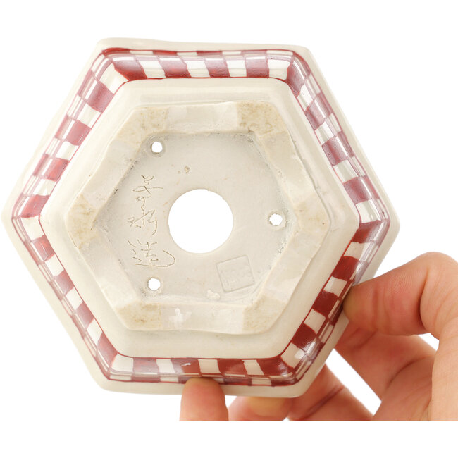 Vaso bonsai esagonale bianco e rosso di Echizen - 110 x 110 x 52 mm