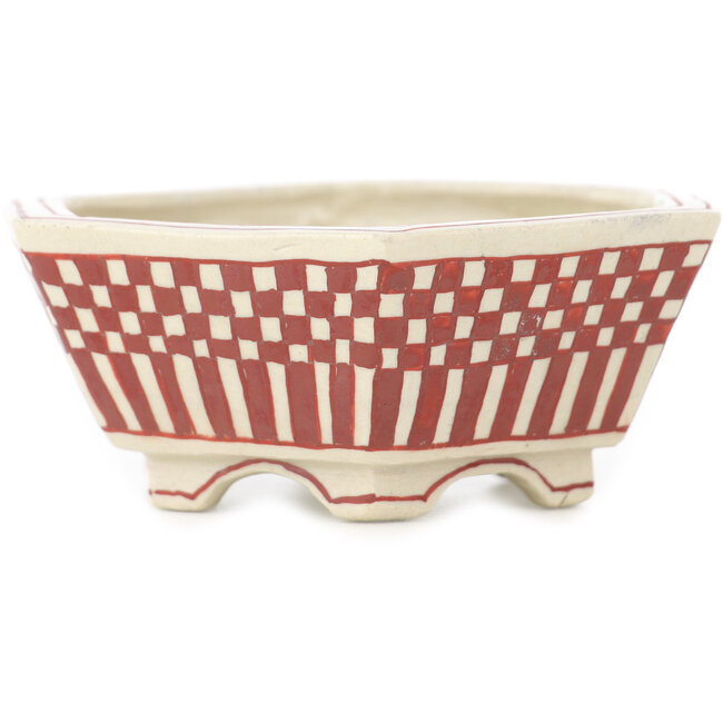 Pot à bonsaï hexagonal blanc et rouge par Echizen - 92 x 92 x 35 mm