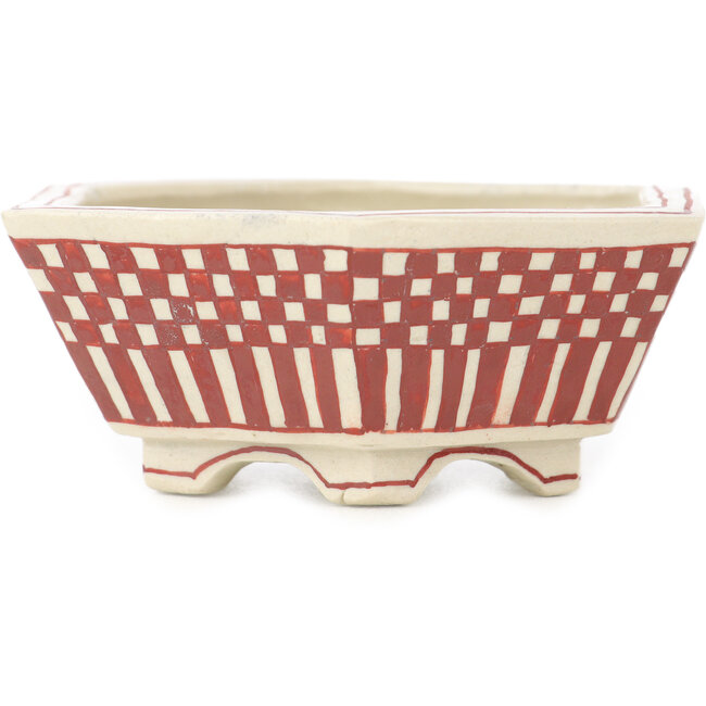 Maceta para bonsái hexagonal blanca y roja de Echizen - 92 x 92 x 35 mm