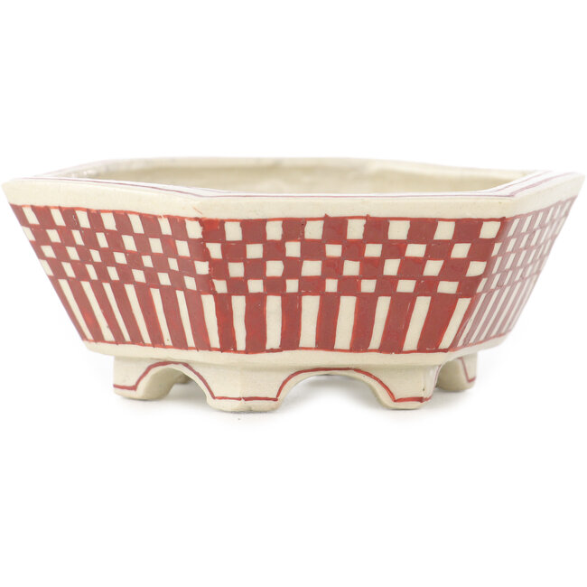 Maceta para bonsái hexagonal blanca y roja de Echizen - 92 x 92 x 35 mm