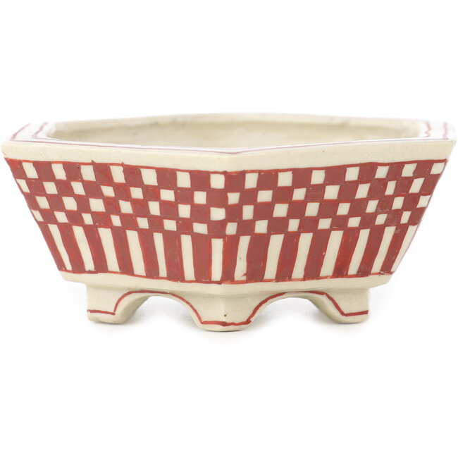 Maceta para bonsái hexagonal blanca y roja de Echizen - 92 x 92 x 35 mm