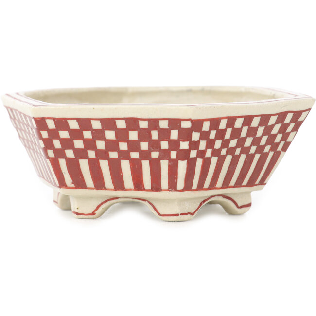 Pot à bonsaï hexagonal blanc et rouge par Echizen - 92 x 92 x 35 mm