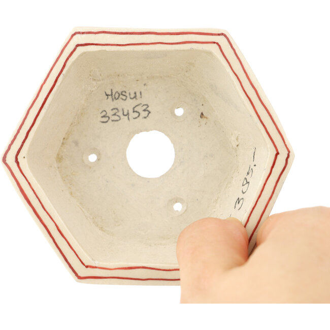 Maceta para bonsái hexagonal blanca y roja de Echizen - 92 x 92 x 35 mm