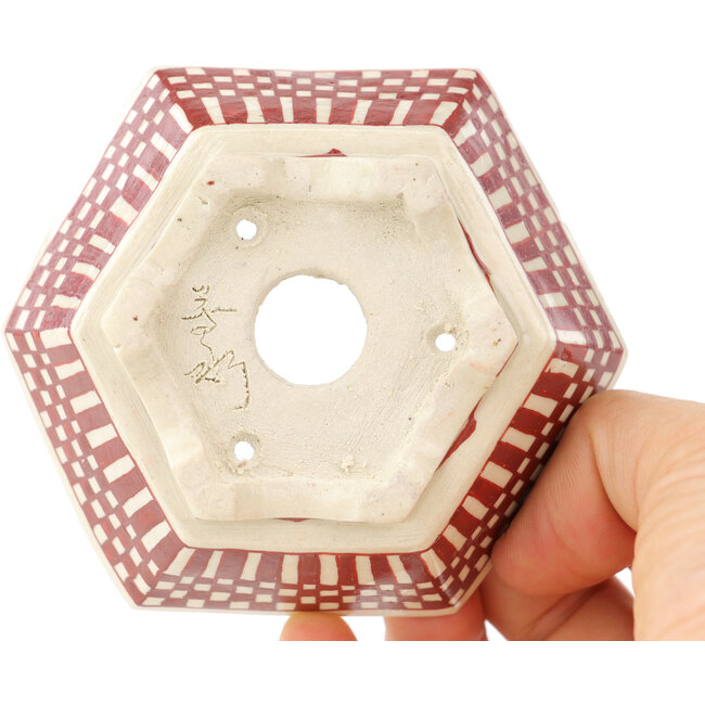 Vaso bonsai esagonale bianco e rosso di Echizen - 92 x 92 x 35 mm