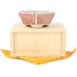  Echizen Hosui 95 mm hexagonal white and red bonsai pot by Echizen, Japan
