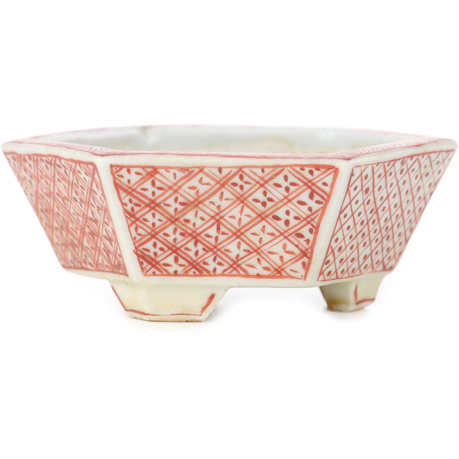 Maceta hexagonal para bonsái en blanco y rojo de Echizen - 95 x 95 x 33 mm