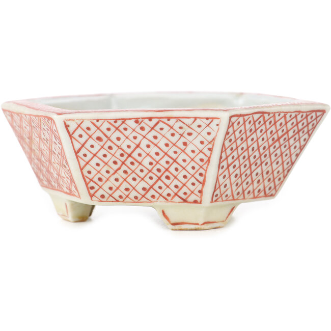 Maceta hexagonal para bonsái en blanco y rojo de Echizen - 95 x 95 x 33 mm