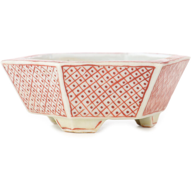 Maceta hexagonal para bonsái en blanco y rojo de Echizen - 95 x 95 x 33 mm