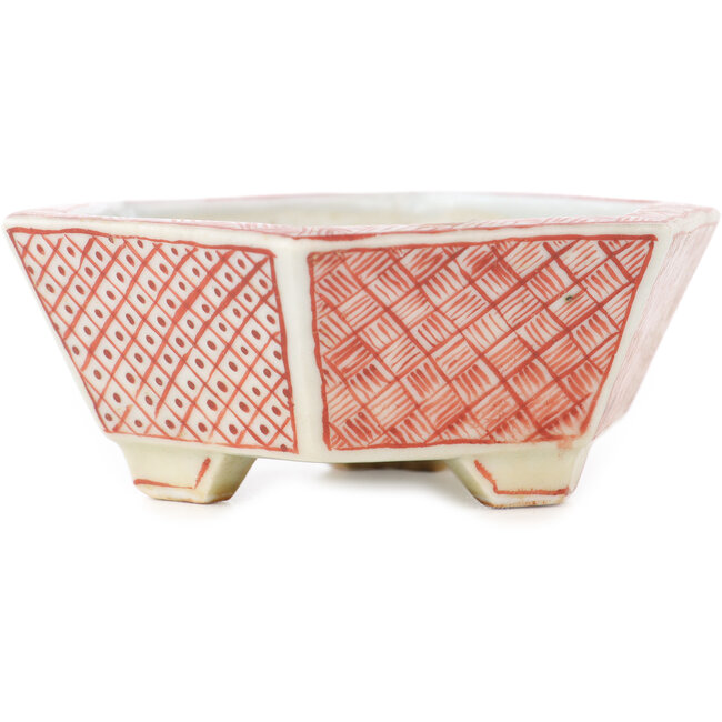 Maceta hexagonal para bonsái en blanco y rojo de Echizen - 95 x 95 x 33 mm