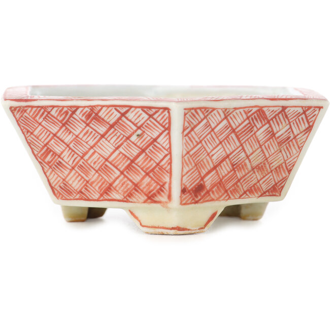 Hexagonal white and red bonsai pot by Echizen - 95 x 95 x 33 mm