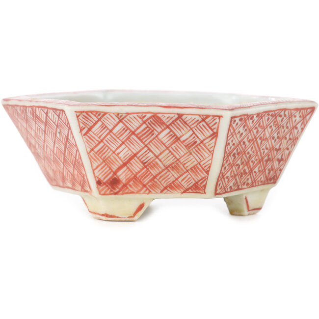 Vaso bonsai esagonale bianco e rosso di Echizen - 95 x 95 x 33 mm