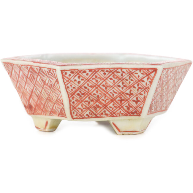Pot à bonsaï hexagonal blanc et rouge par Echizen - 95 x 95 x 33 mm