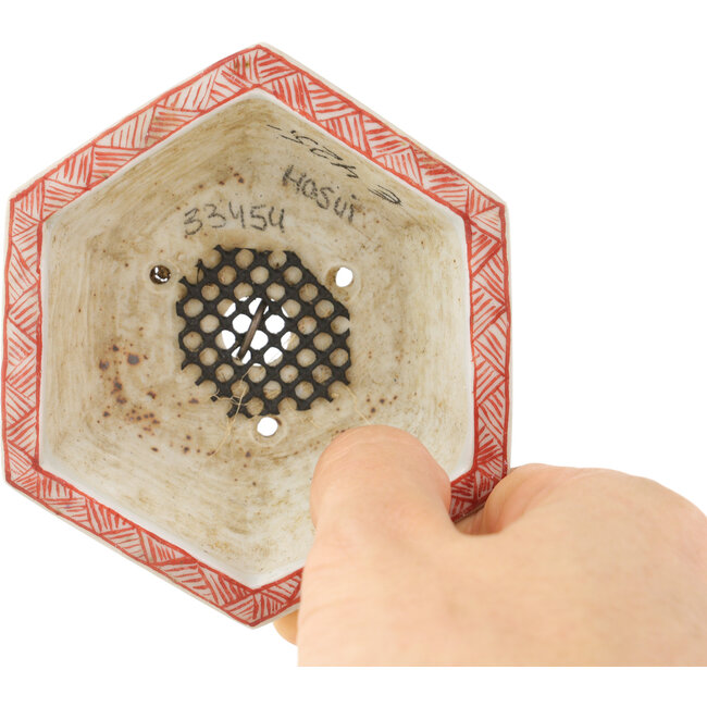 Hexagonal white and red bonsai pot by Echizen - 95 x 95 x 33 mm