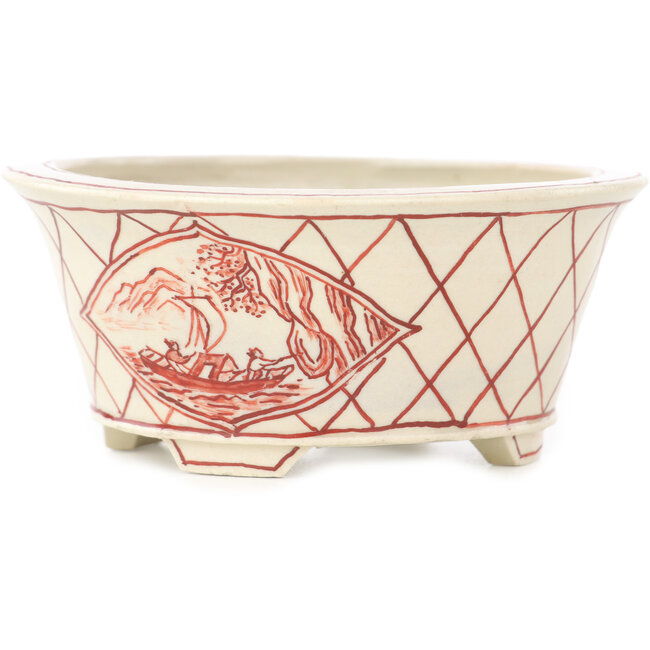 Vaso bonsai rotondo bianco e rosso di Echizen - 90 x 90 x 40 mm