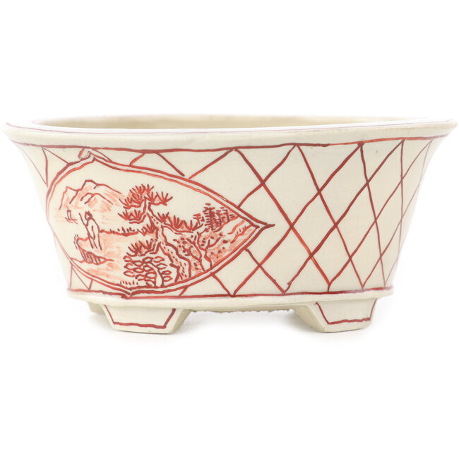 Ronde witte en rode bonsai pot van Echizen - 90 x 90 x 40 mm