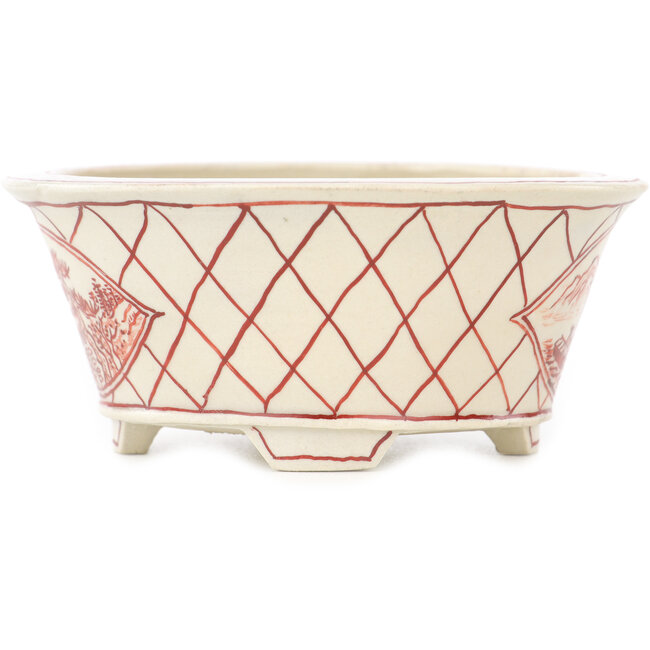 Round white and red bonsai pot by Echizen - 90 x 90 x 40 mm