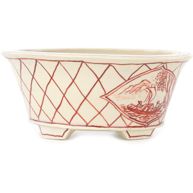 Round white and red bonsai pot by Echizen - 90 x 90 x 40 mm
