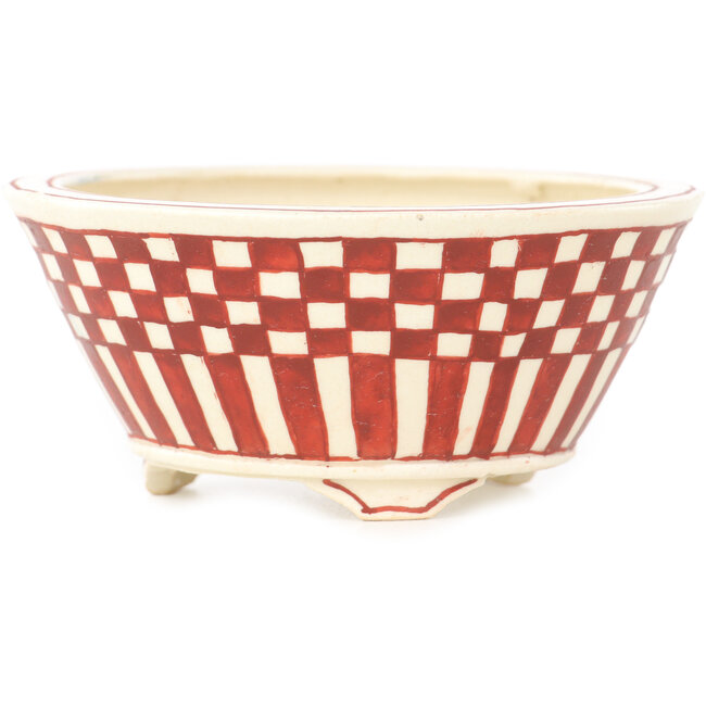 Round white and red  bonsai pot by Echizen - 92 x 92 x 40 mm