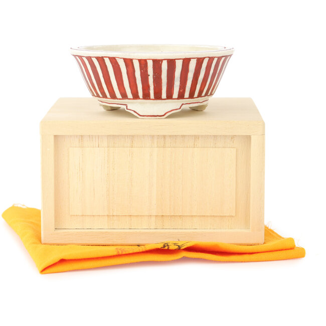 Vaso bonsai rotondo bianco e rosso di Echizen - 84 x 84 x 32 mm