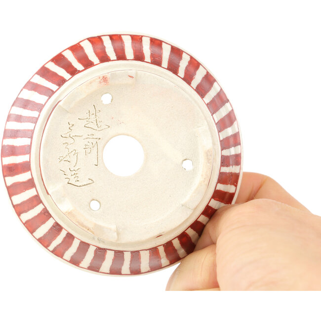 Round white and red bonsai pot by Echizen - 84 x 84 x 32 mm