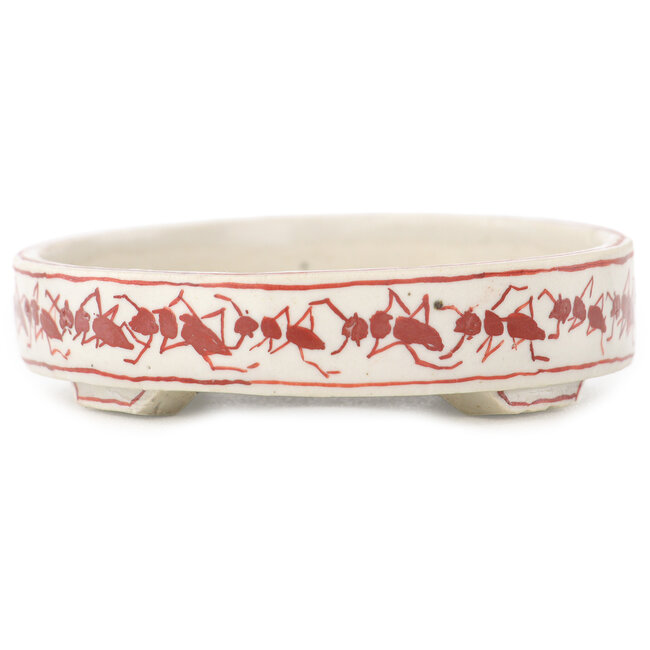 Oval white and red bonsai pot by Echizen - 93 x 73 x 19 mm