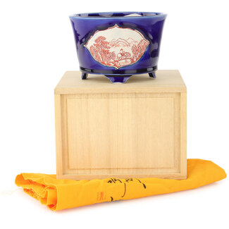  Echizen Hosui 110 mm round blue and red bonsai pot by Echizen, Japan