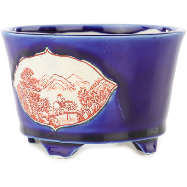 Round blue and red bonsai pot by Echizen - 110 x 110 x 72 mm