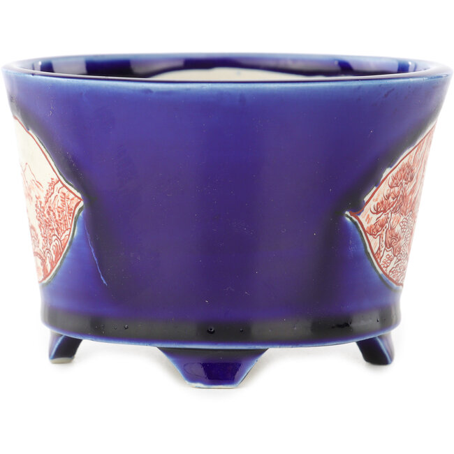 Round blue and red bonsai pot by Echizen - 110 x 110 x 72 mm