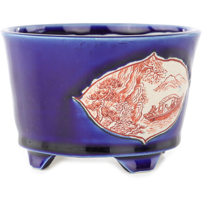 Round blue and red bonsai pot by Echizen - 110 x 110 x 72 mm