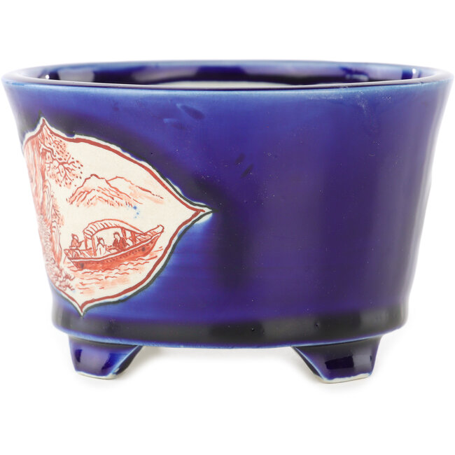 Round blue and red bonsai pot by Echizen - 110 x 110 x 72 mm