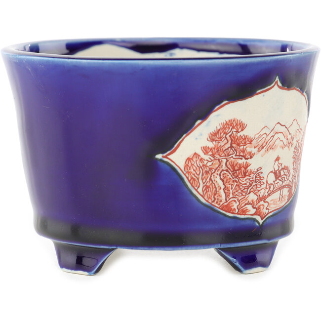 Vaso bonsai rotondo blu e rosso di Echizen - 110 x 110 x 72 mm