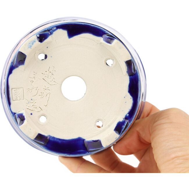 Ronde blauwe en rode bonsaipot van Echizen - 110 x 110 x 72 mm