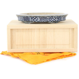  Echizen Hosui Maceta para bonsái ovalada de color blanco y azul de 103 mm de Echizen, Japón