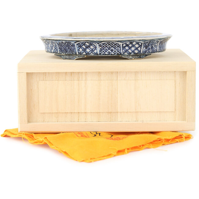 Pot à bonsaï ovale blanc et bleu par Echizen - 103 x 87 x 11 mm