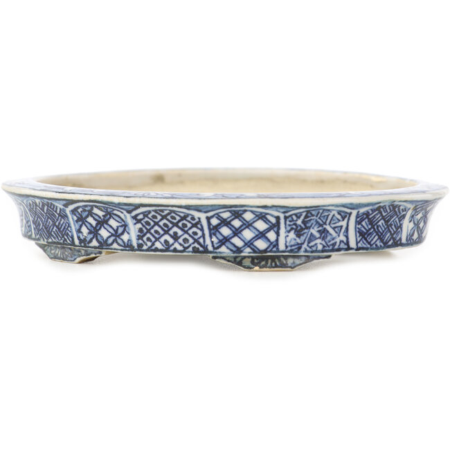 Pot à bonsaï ovale blanc et bleu par Echizen - 103 x 87 x 11 mm