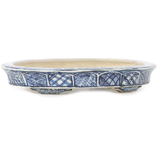 Ovaler weiß-blauer Bonsai-Topf von Echizen - 103 x 87 x 11 mm