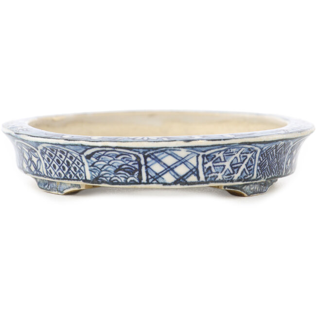 Oval white and blue bonsai pot by Echizen - 103 x 87 x 11 mm