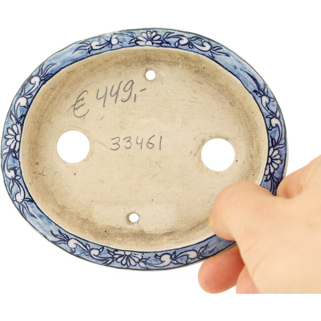 Oval white and blue bonsai pot by Echizen - 103 x 87 x 11 mm